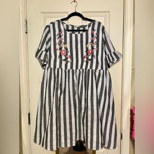 Plus Size Shein Striped Dress with Floral Embroidery and Ruffle Sleeve 3X 4X